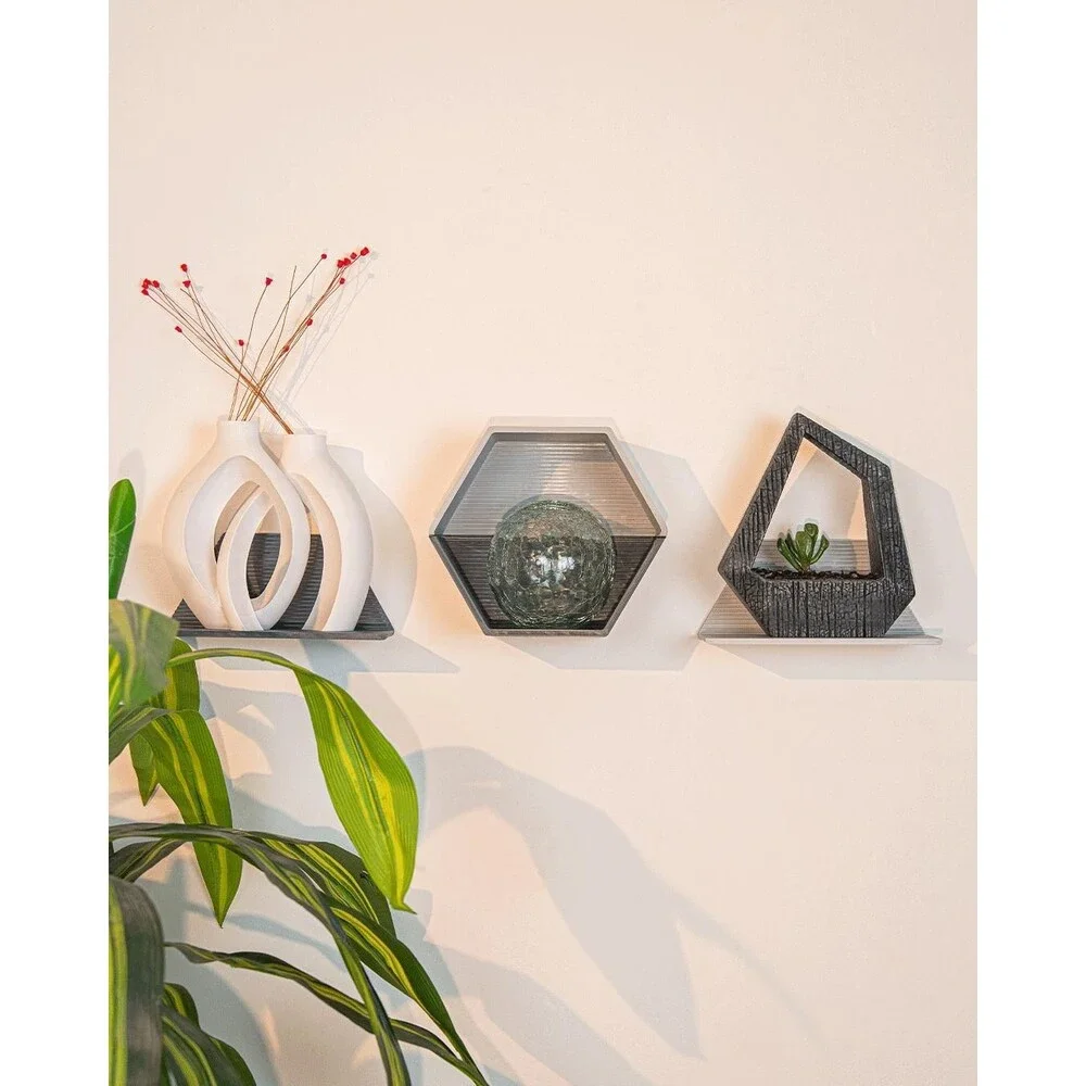 Set of 4 Modular Hexagon Wall Shelves, Geometric Floating Shelf Set, Modern 3D P